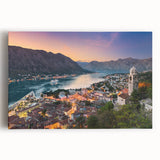 Black and white photograph of Montenegro scenery on a large stretched canvas.