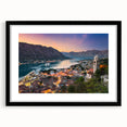 Extra large abstract art print of a colorful Montenegro scenery on textured canvas, framed in black.