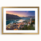 Extra large abstract art print of Montenegro scenery in gold frame, featuring textured blues and greens.