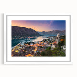 Abstract art print of a Montenegro landscape in muted earth tones on a framed white mat, ideal for dining room decor.