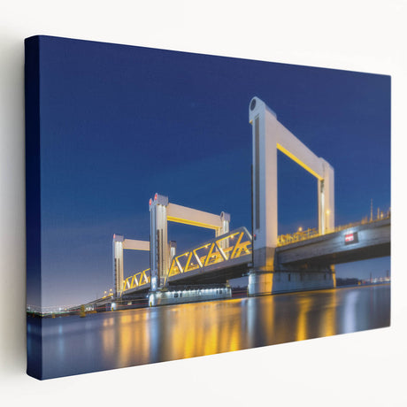 Amsterdam canal scene on large stretched canvas with soft gray and blue tones, suitable for kitchen wall art.