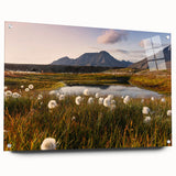 Acrylic print of a serene Norwegian landscape in muted blue and green tones, ideal for dining room decor.