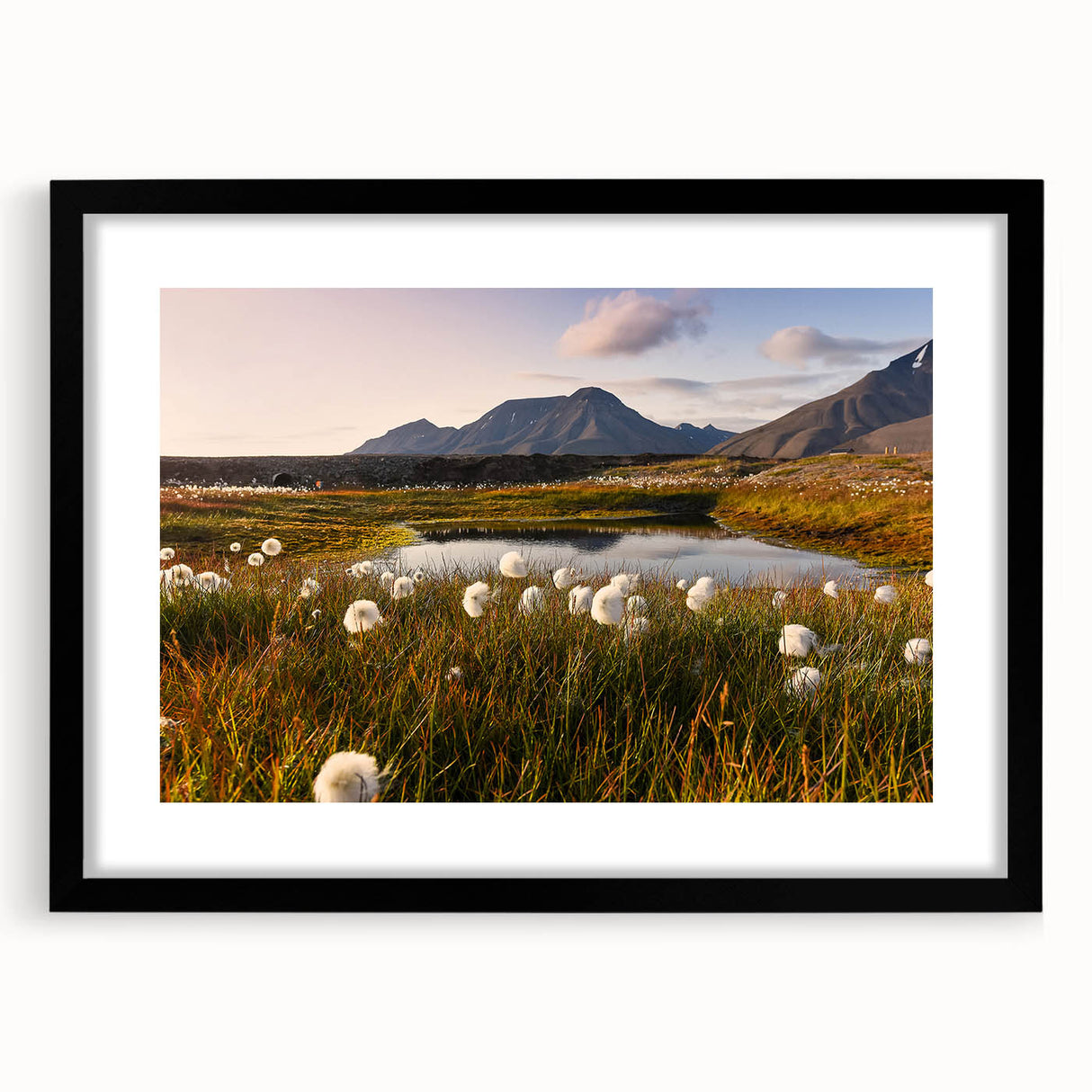 Abstract art print of a vibrant, colorful Norwegian landscape on textured canvas, ideal for living room decor.