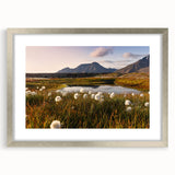Extra large abstract art print of a textured Norwegian landscape in muted earth tones, framed in silver.