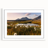 Textured art print of a serene Norway landscape in muted blue and green tones on a framed white mat.