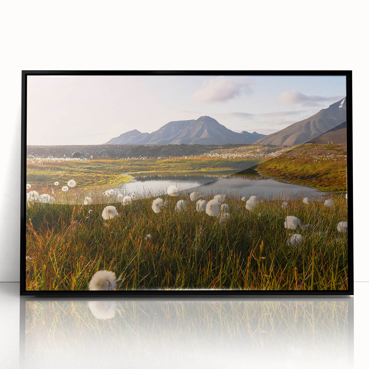 Large abstract wall art depicting a Norwegian landscape in muted earth tones, framed in black acrylic.
