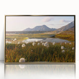 Art deco poster of a European Norway scenery in muted gold tones, acrylic print framed, suitable for modern nursery wall art.