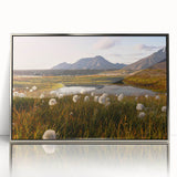 Large art print of a Norwegian landscape in muted earth tones, framed in silver acrylic, suitable for modern art wall décor.