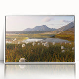 Mid-century modernist art depicting a serene Norway landscape in muted green and blue tones, framed acrylic.