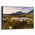 Black and white framed canvas featuring a vintage-style landscape of a Norwegian scenery, ideal for bedroom decor.