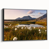 Black and white framed canvas featuring a vintage-style landscape of a Norwegian scenery, ideal for bedroom decor.