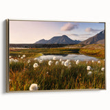 Framed canvas of a vintage-style Norwegian landscape in muted gold and black tones, ideal for bedroom wall art.