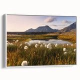 Vintage poster art of a European Norway scenery in colorful tones on a framed canvas, ideal for living room decor.