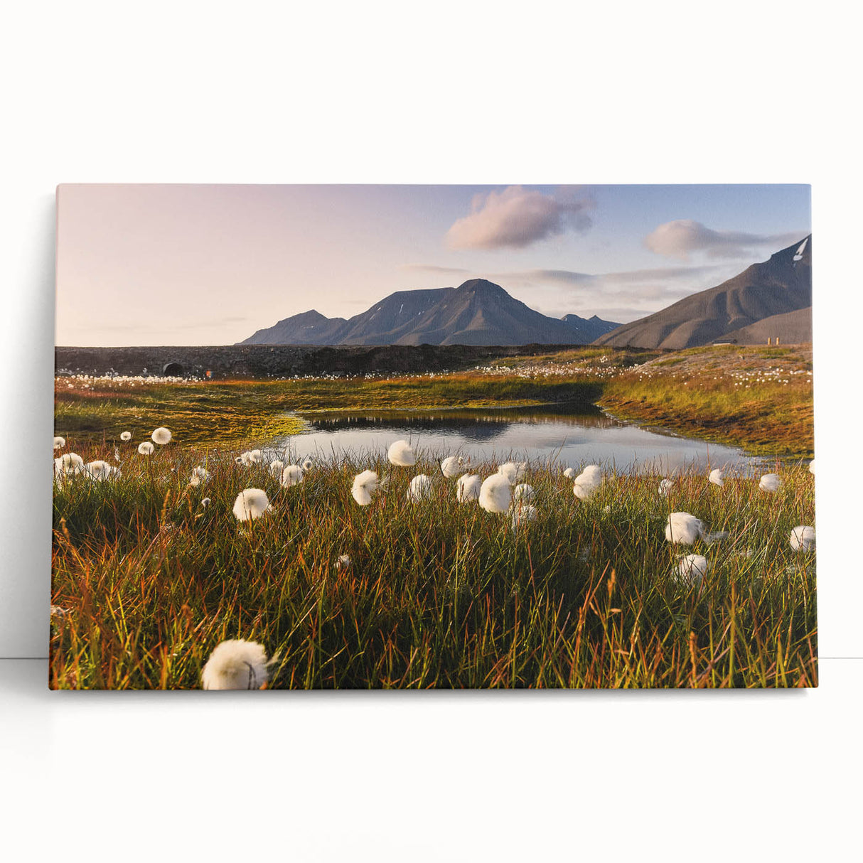 Black and white photograph of a scenic Norwegian landscape on a large stretched canvas, ideal for kitchen wall art.