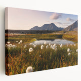 Large stretched canvas featuring a serene Norway landscape in cool blue and green tones, ideal for kitchen wall art.