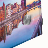 Large abstract wall art of a European scenery in muted earth tones, printed on acrylic glass, suitable for dining room decor.