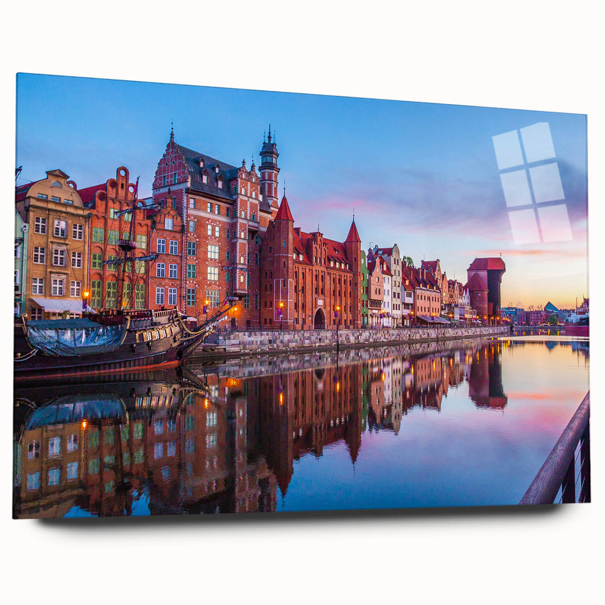 Large abstract wall art featuring a European landscape in muted earth tones on acrylic glass.