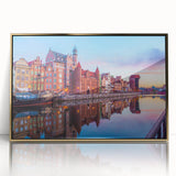 Art Deco poster of a European cityscape in gold and black hues, acrylic print framed, suitable for modern art wall decor.