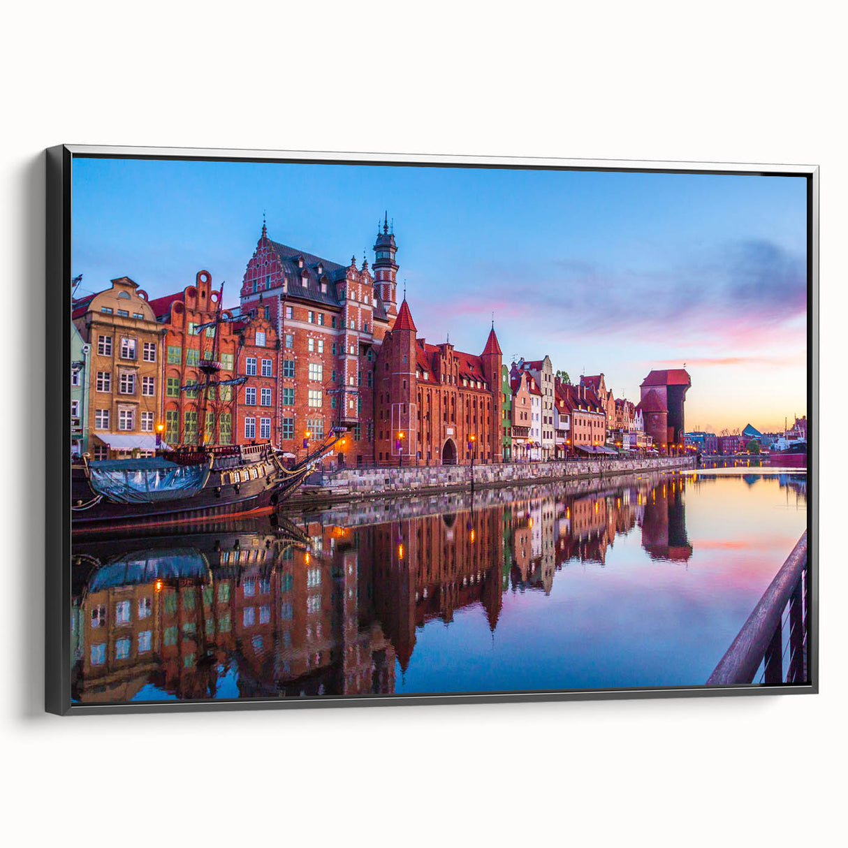Black and white vintage poster art of a European landscape on framed canvas, suitable for bedroom decor.