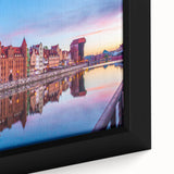 Textured black wall art featuring a colorful European cityscape on a framed canvas, ideal for living room decor.