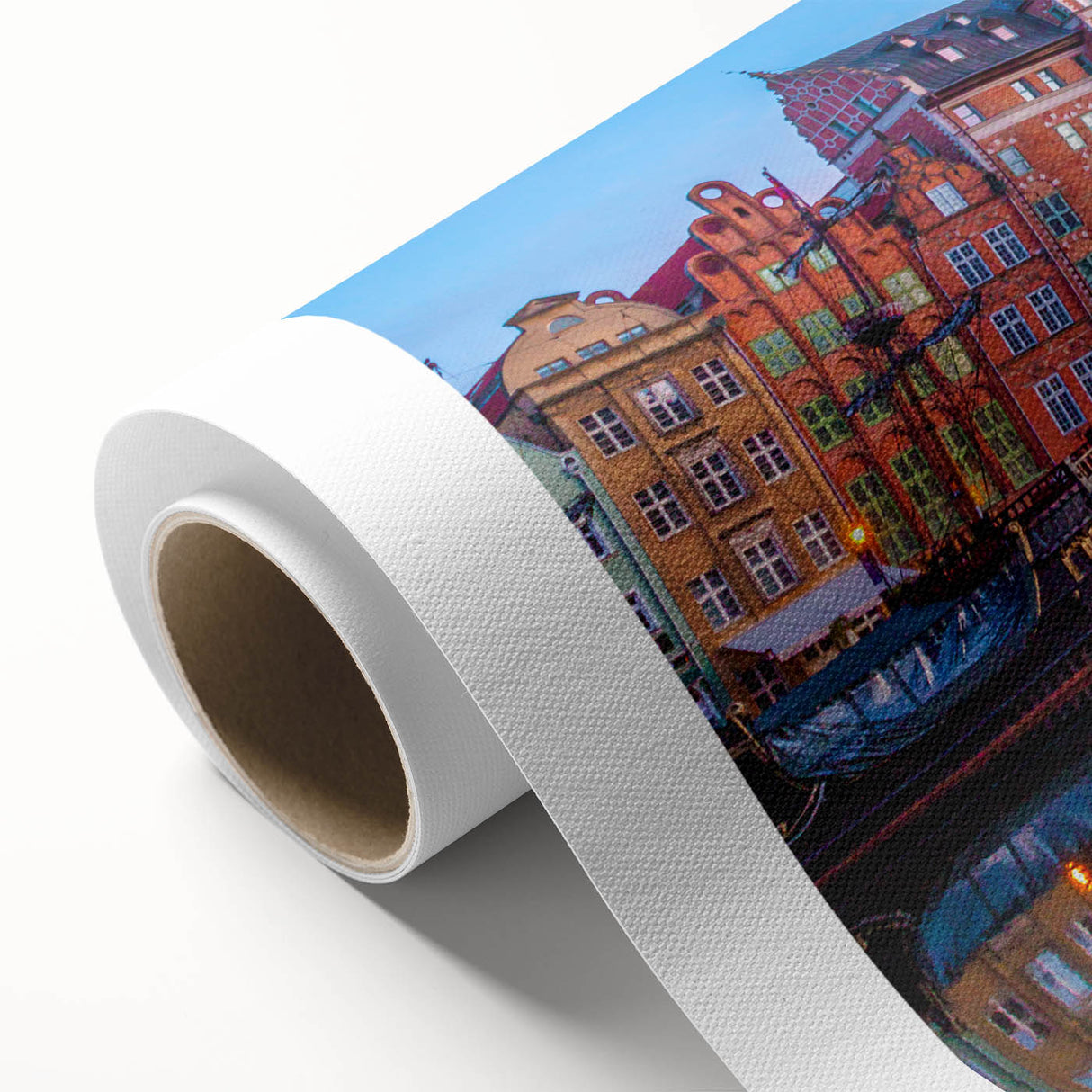 Art deco poster of a European scenery in muted blue and green tones on rolled canvas, ideal for nursery wall art.