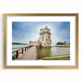 Abstract art print of Lisbon scenery in muted gold and blue tones on a framed canvas, suitable for dining room decor.