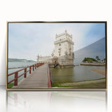 Framed acrylic print of Lisbon scenery in art deco style, with gold accents, ideal for modern art wall decor.