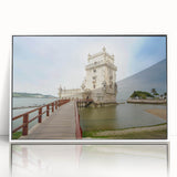 Mid-century modernist art of Lisbon scenery in muted earthy tones on a framed acrylic, ideal for nursery wall decor.