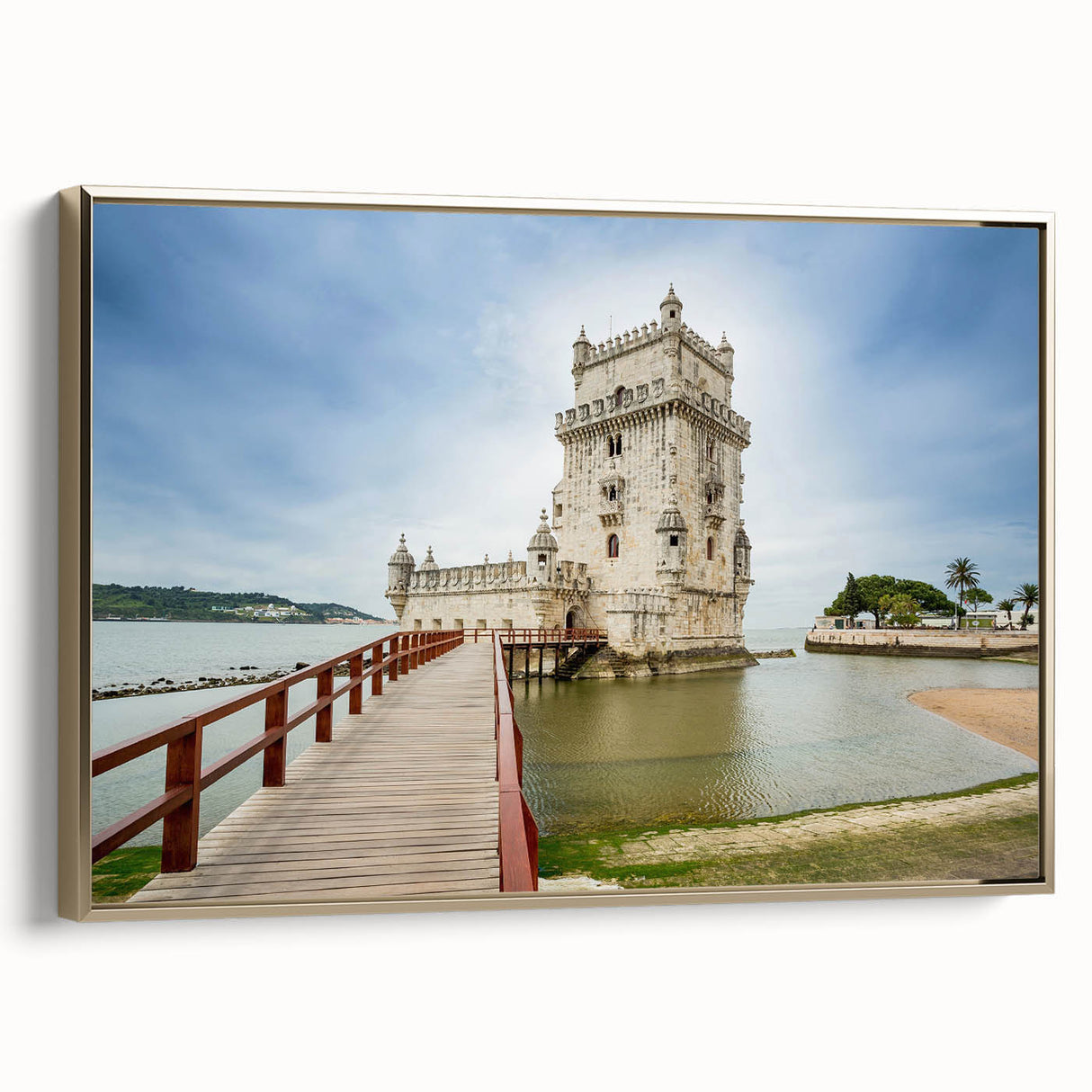 Framed canvas of a vintage Lisbon landscape in black and gold, suitable for bedroom wall art.