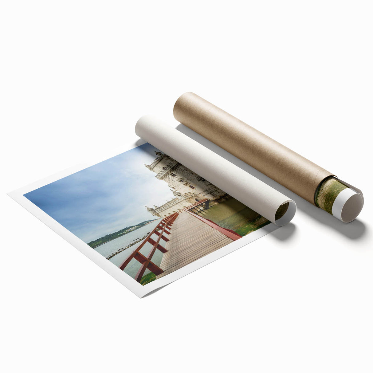 Extra large rolled print of Lisbon scenery with floral accents in soft pastel shades, ideal for classy bathroom wall art.