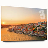 Large abstract wall art of Porto, Portugal in vibrant blue and orange tones on acrylic glass.