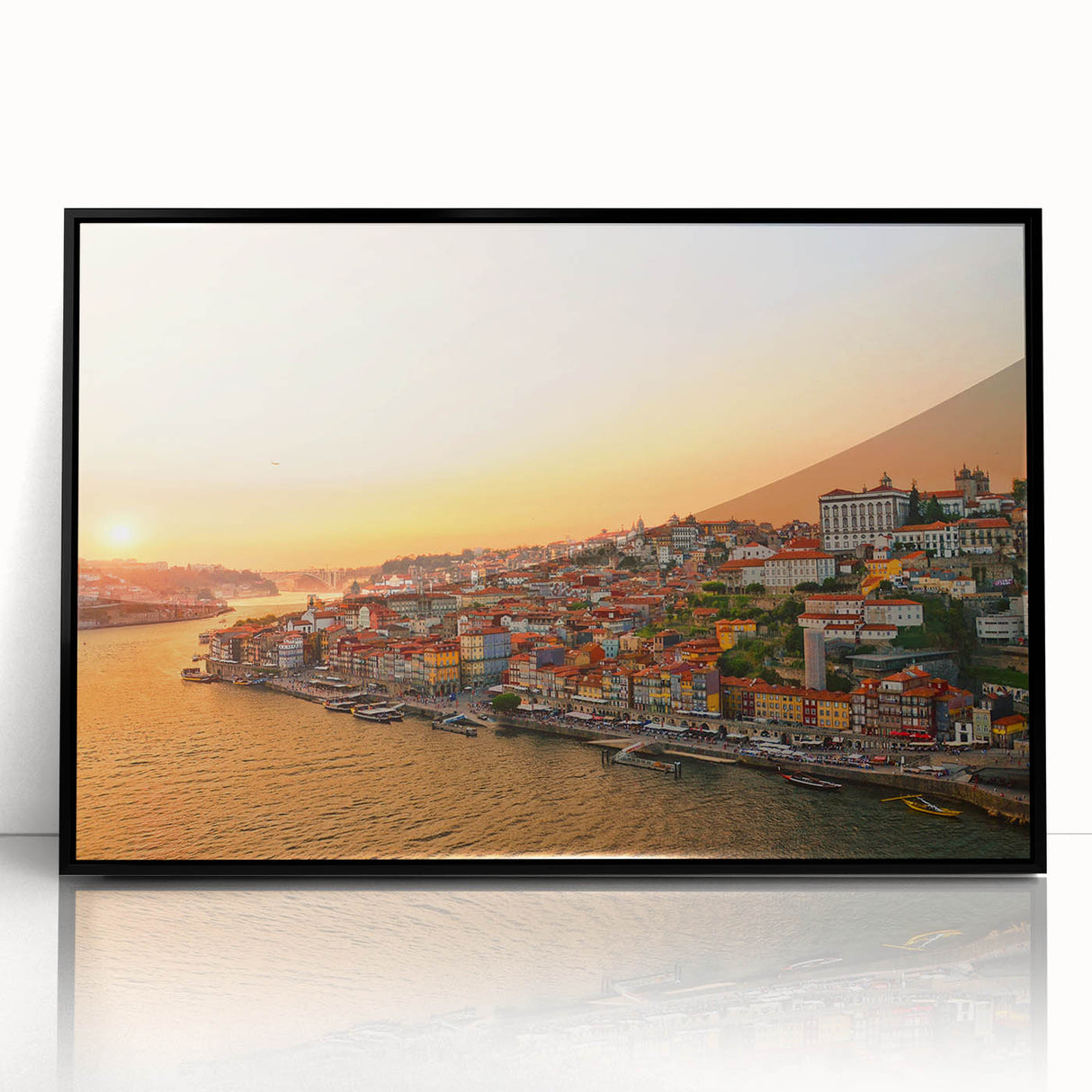 Large abstract wall art depicting Porto, Portugal, in muted blue and gray tones on framed acrylic.