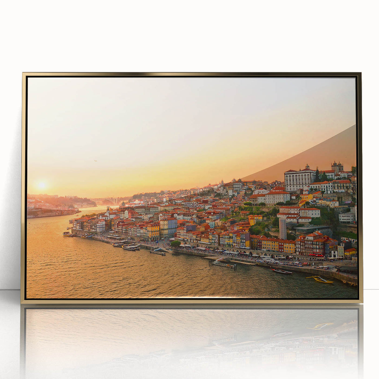 Acrylic print of Porto, Portugal scenery in art deco style with gold frame, ideal for modern art wall decor.
