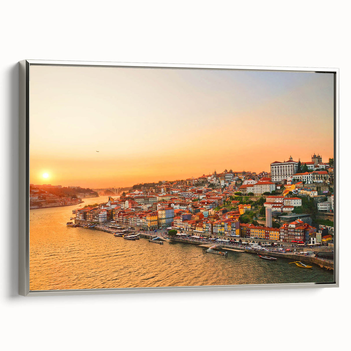 Landscape art painting of Porto featuring colorful buildings and river on framed canvas, ideal for living room decor.