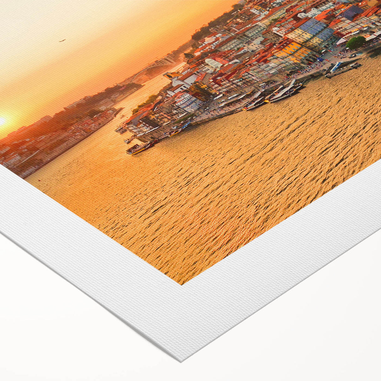 Art deco poster of Porto scenery with muted blue and orange tones on rolled canvas, suitable for dining room decor.
