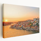 Porto, Portugal cityscape on large stretched canvas, featuring vibrant blues and oranges, ideal for kitchen wall art.