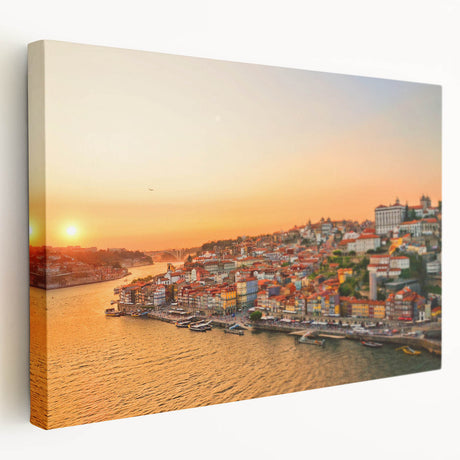 Porto, Portugal cityscape on large stretched canvas, featuring vibrant blues and oranges, ideal for kitchen wall art.