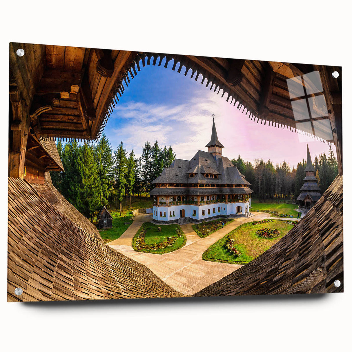 Large abstract depiction of a European Romanian landscape in muted earth tones on acrylic glass.