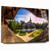Large abstract art print of a European scenery in Romania on acrylic glass, featuring muted earth tones.