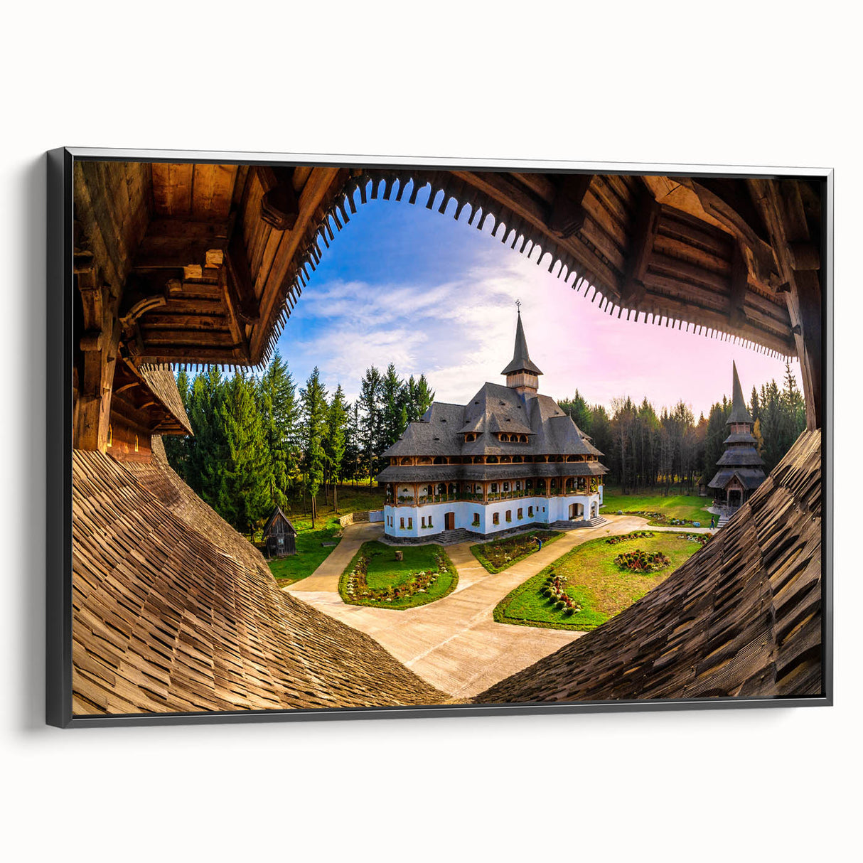 Framed canvas of a black and white vintage poster featuring a Romanian landscape, ideal for bedroom wall decor.