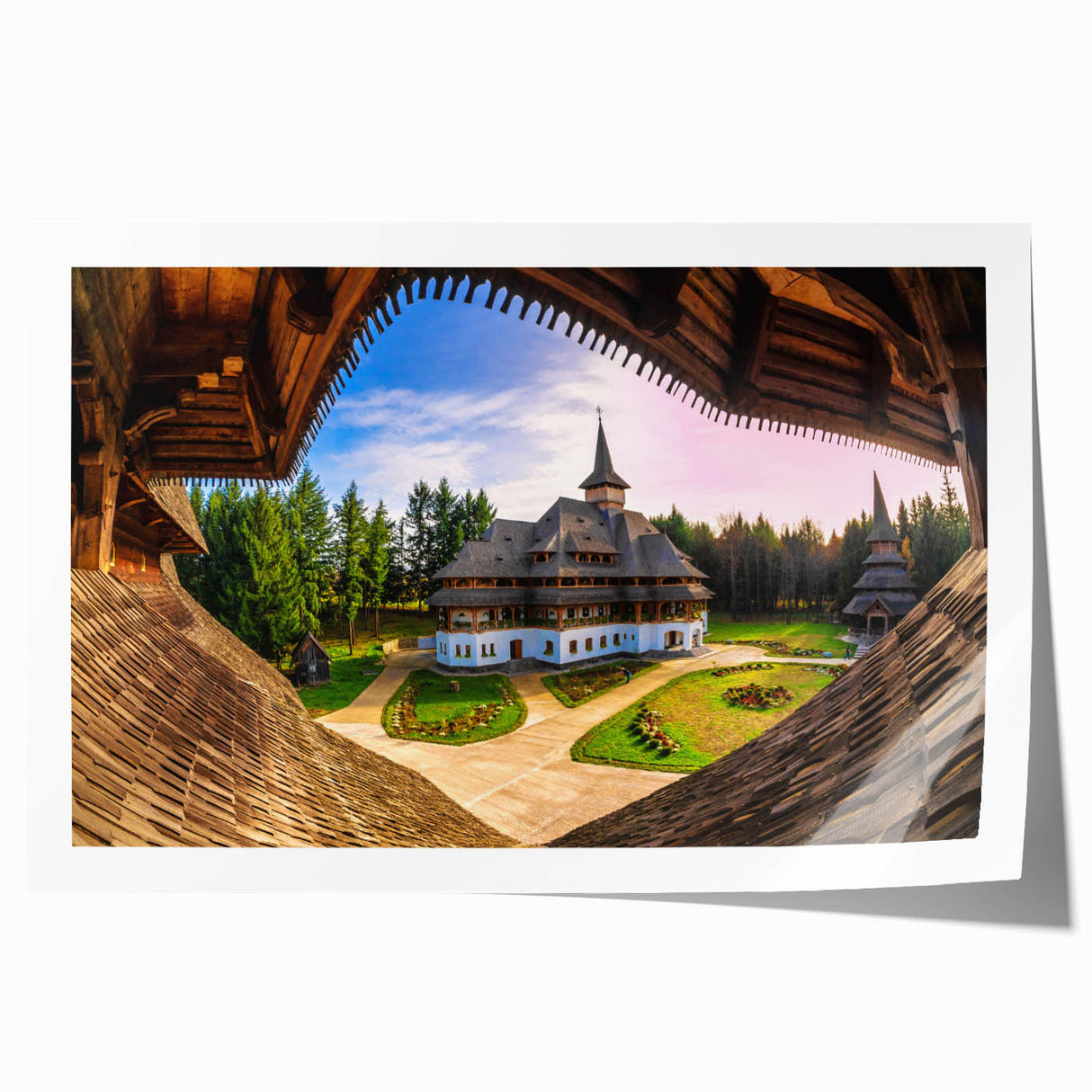 Rolled print of a Romanian landscape with lush greenery and vibrant flowers, ideal for art wall dining room.