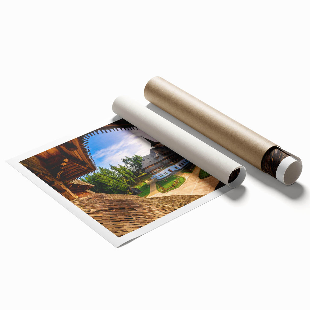 Extra large rolled print of a floral Romanian landscape in pastel shades, ideal for classy bathroom wall art.