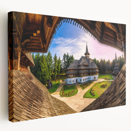 Large canvas print of a Romanian landscape with muted green and earth tones, ideal for kitchen wall art.