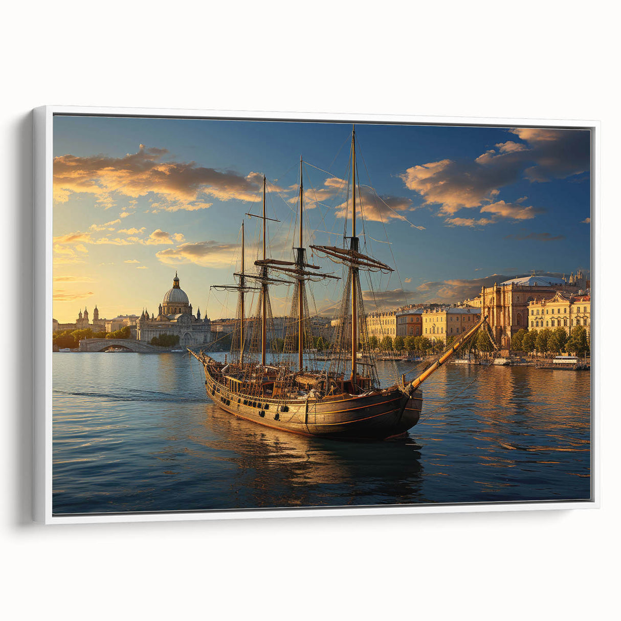 Vintage poster art of a European cityscape in vibrant colors on a large framed canvas, suitable for living room decor.