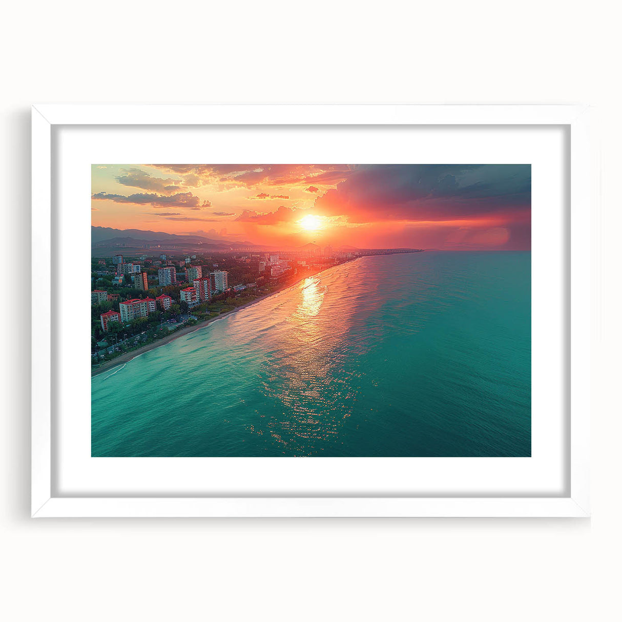 Textured abstract art print depicting a muted, earthy European scenery on a white framed mat, suitable for bedroom decor.
