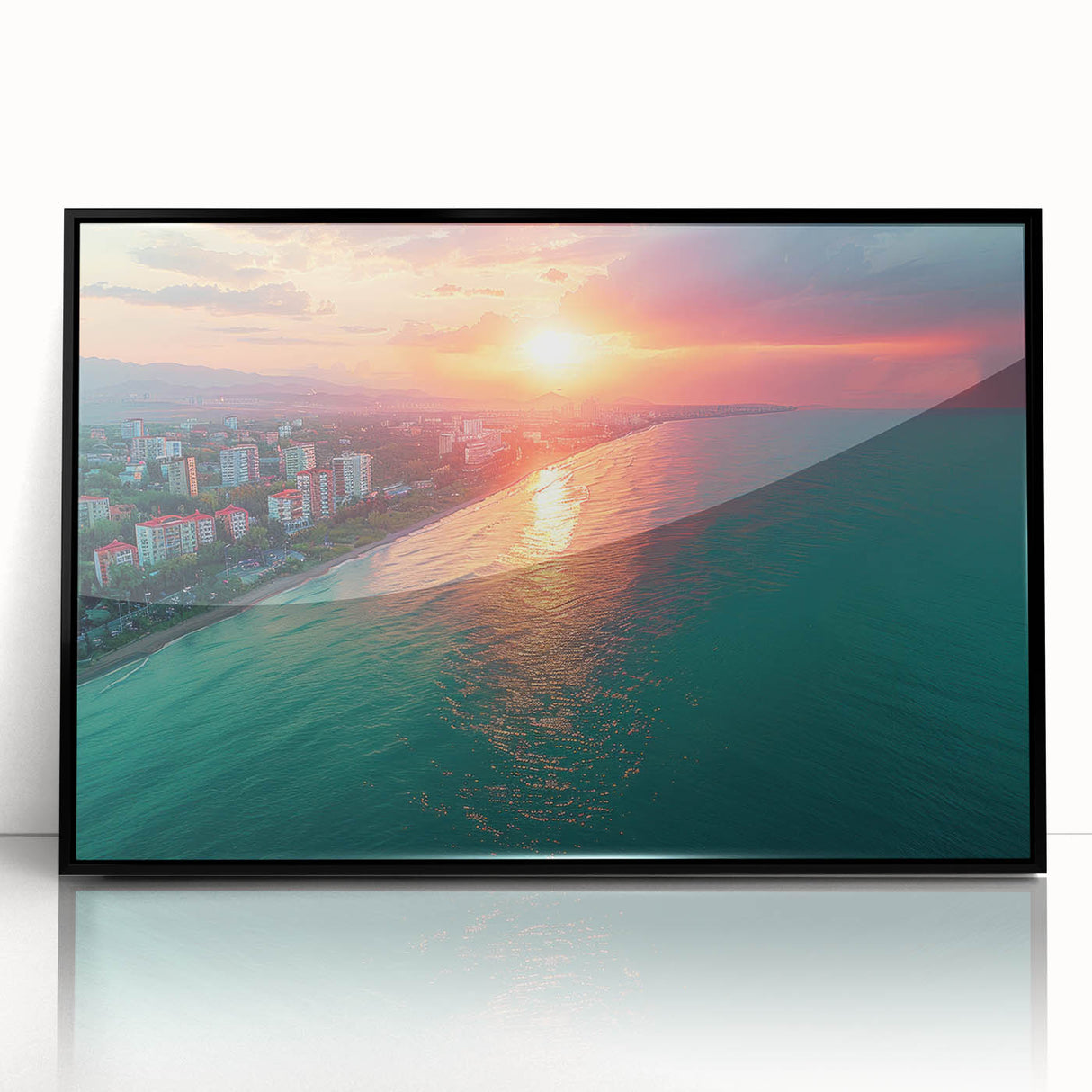 Large abstract wall art depicting a Sochi, Russia, scenery in black acrylic frame, suited for modern home decor.