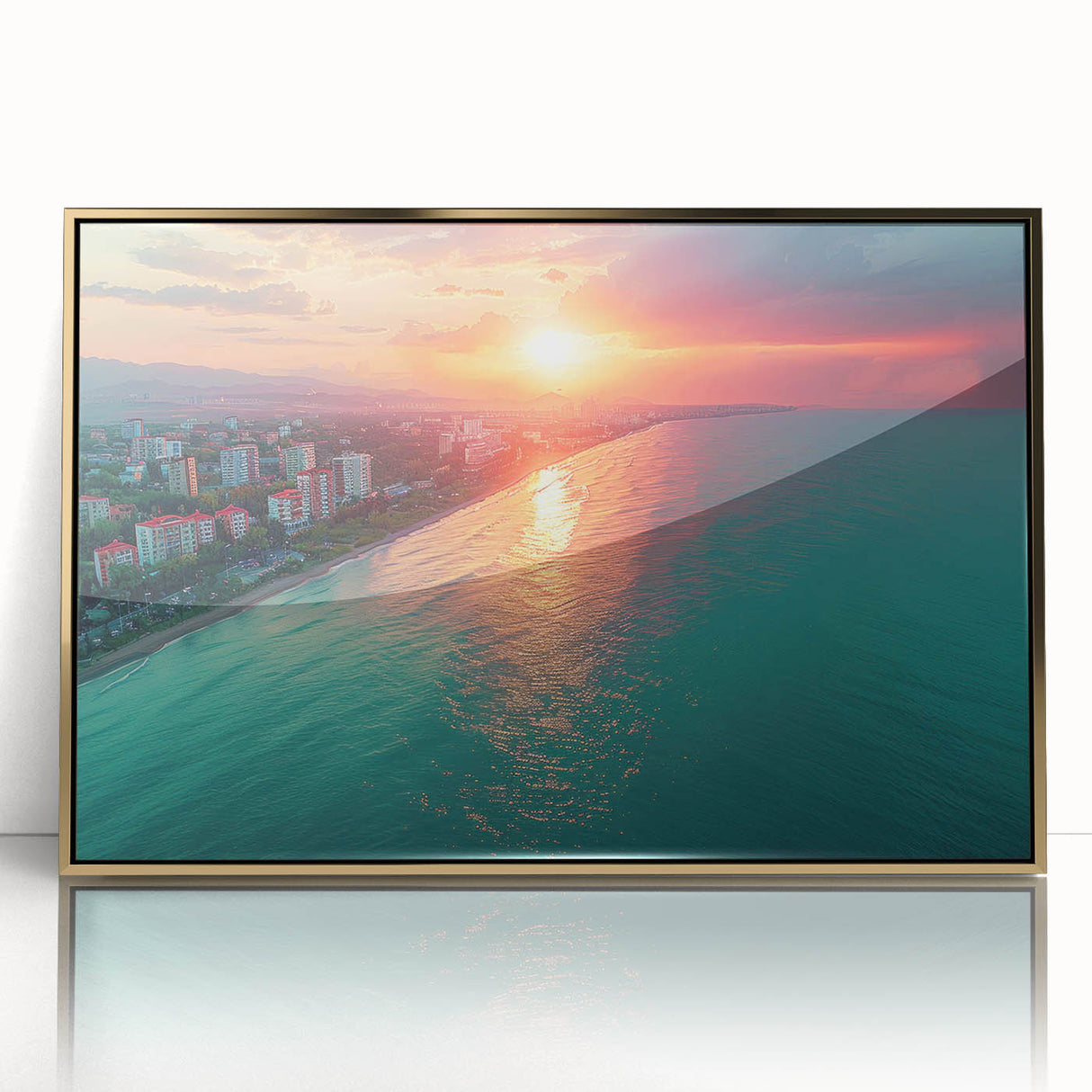Art deco poster of Sochi, Russia in gold tones on framed acrylic, suitable for modern nursery decor.