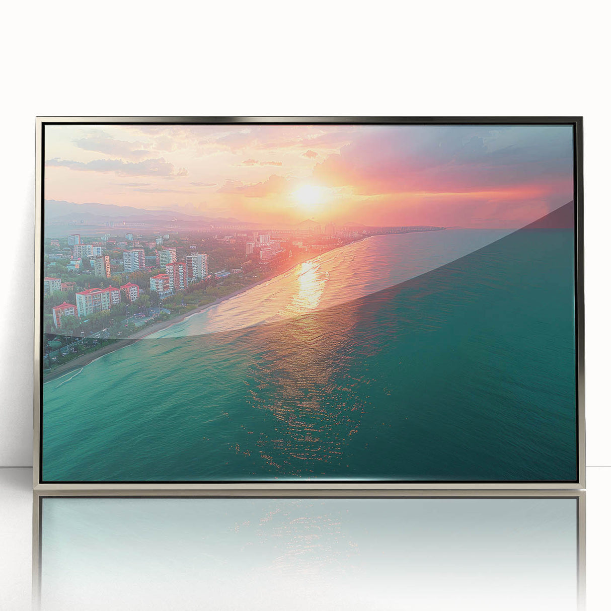 Large acrylic print of Sochi scenery in silver frame, showcasing mid-century modernist style.