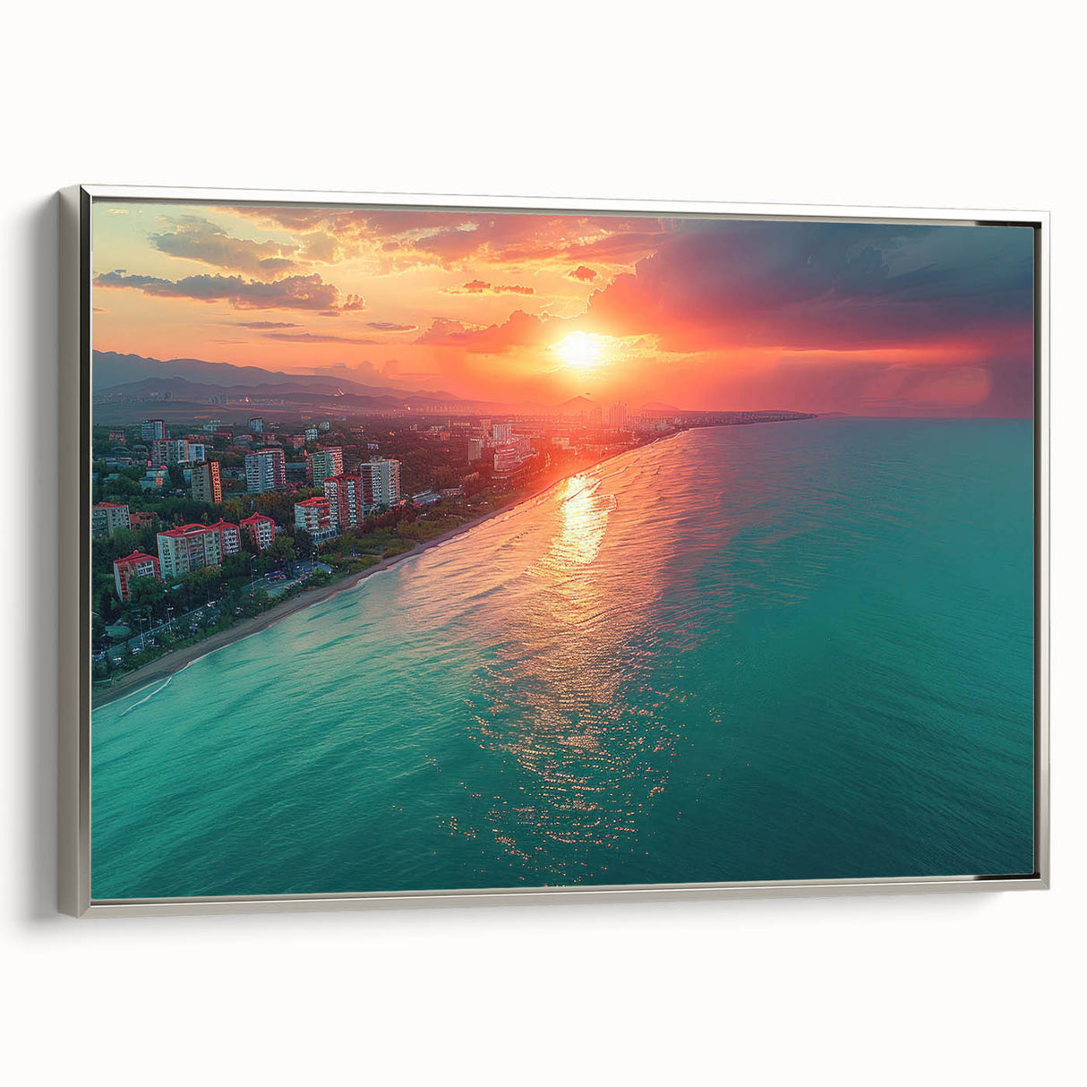 Framed canvas featuring a vintage landscape art painting of Sochi with colorful palette, ideal for living room decor.