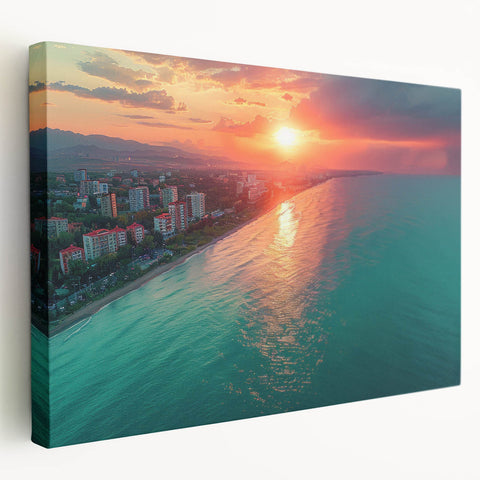 Side view of a stretched canvas featuring a scenic depiction of Sochi, Russia, in muted earth tones.